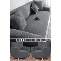Gri Tuğla Desen Koltuk Örtüsü 3+3+1+1 Takım